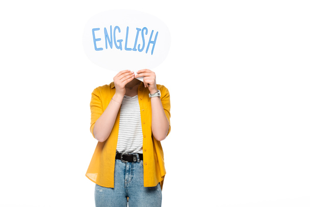 κορίτσι με σκοτεινό πρόσωπο κρατώντας φούσκα ομιλία με τα αγγλικά γράμματα απομονώνονται σε λευκό - Φωτογραφία, εικόνα