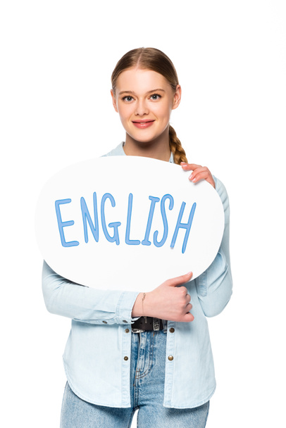 fille souriante avec tresse tenant bulle de discours avec lettrage anglais isolé sur blanc
 - Photo, image