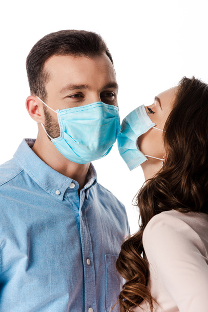 woman near man in medical mask isolated on white   - Foto, immagini