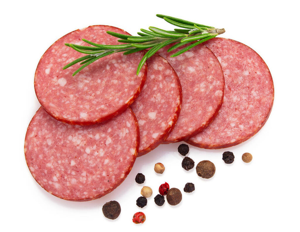 sliced salami smoked sausage isolated on white background - Photo, Image