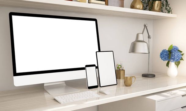 home office con dispositivi responsive rendering 3d
 - Foto, immagini