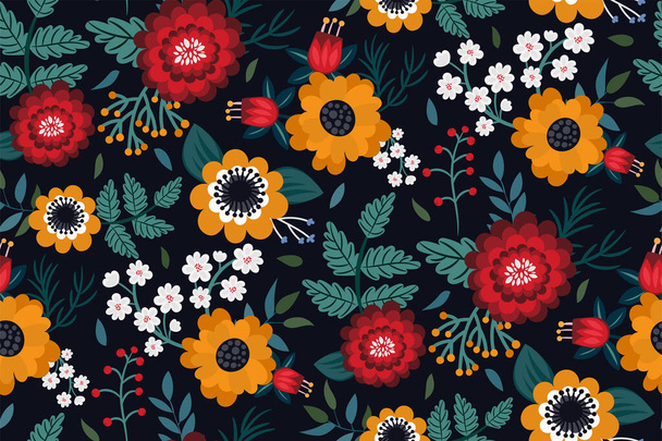 Floral ethnic pattern in yellow, red, white flowers on a black background. Bright seamless background in liberty style. Colorful artistic print for textile, book covers, gift wrap, wallpaper... - Vecteur, image