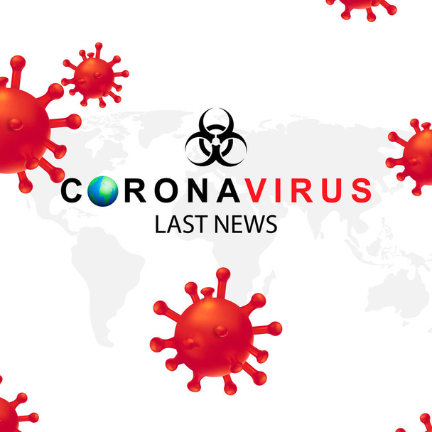 Новый коронавирус 2019-nKoV. Тайный вирус 19-НКП. Фон с реалистичными 3D красными вирусными клетками. Символ опасности. Последние новости. Векторная иллюстрация
 - Вектор,изображение