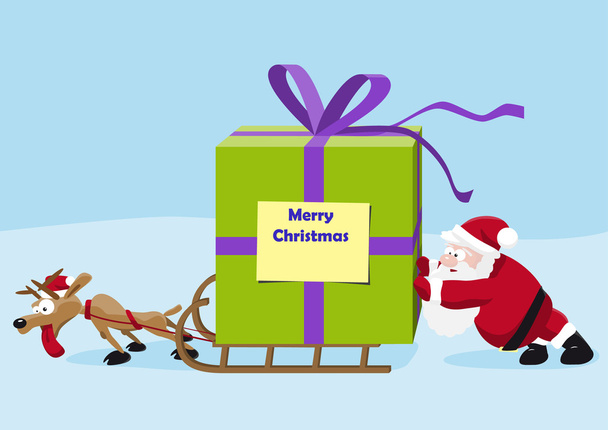 Santa met herten verplaatsen een zware geschenk - Vector, afbeelding