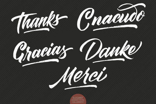 Set of vector grunge hand drawn lettering Thanks in different languages. Elegant modern handwritten calligraphy with thankful quote. Dark typography poster. For cards, invitations, prints etc. - Vector, Image