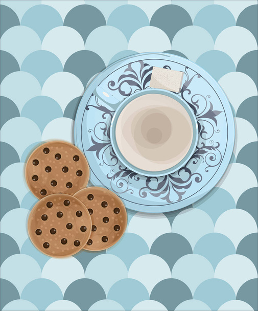 Ontbijt vector illustratie, een warme kop koffie, thee, melk voor een dagelijks ontbijt met koekjes - Vector, afbeelding