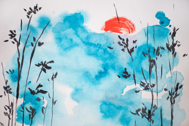 Japanese painting with blue sky, sun and branches on white background - Foto, Bild