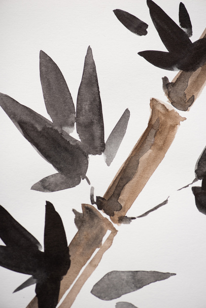 Japanese painting with bamboo and leaves on white - Fotografie, Obrázek