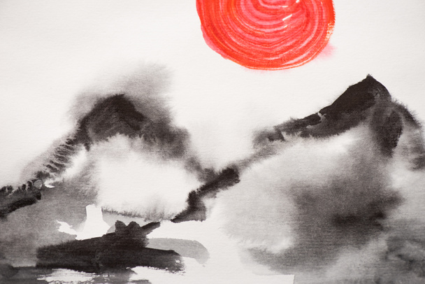 Japanilainen maalaus kukkuloilla ja punainen aurinko valkoisella taustalla
 - Valokuva, kuva