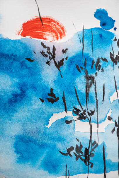Peinture japonaise avec ciel bleu, branches et soleil sur fond blanc
 - Photo, image