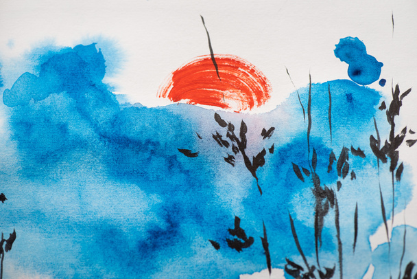 Peinture japonaise avec ciel bleu, branches et soleil sur blanc
 - Photo, image