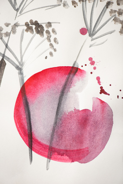 Japanese painting with flowers and pink circle on white  - Foto, afbeelding