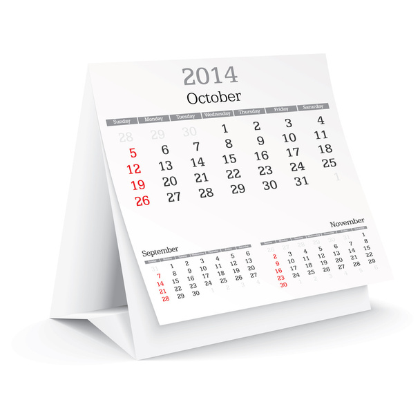 Οκτωβρίου 2014 - ημερολόγιο - Διάνυσμα, εικόνα