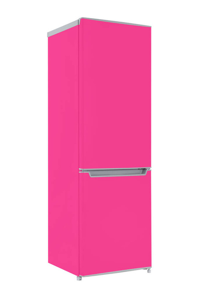 Nieuwe roze koelkast geïsoleerd op witte achtergrond. Moderne keuken en huishoudelijke apparaten - Foto, afbeelding