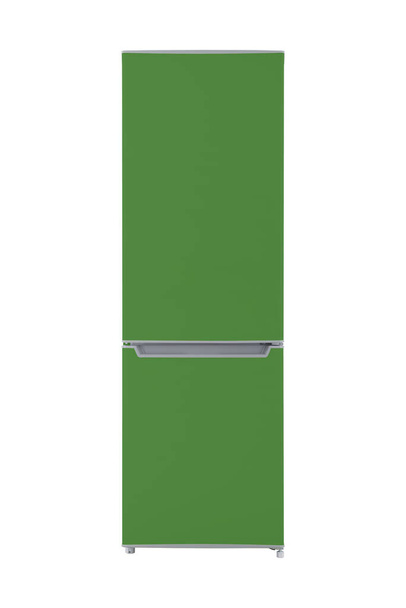 Neuer grüner Kühlschrank isoliert auf weißem Hintergrund. Moderne Küche und Haushaltsgeräte - Foto, Bild