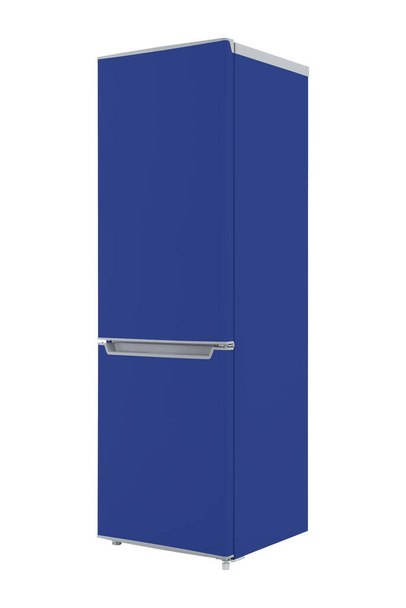 Nieuwe blauwe koelkast geïsoleerd op witte achtergrond. Moderne keuken en huishoudelijke apparaten - Foto, afbeelding