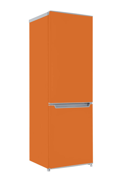 Beyaz Arkaplanda izole edilmiş yeni turuncu buzdolabı. Modern Mutfak ve Büyük Ev Aletleri - Fotoğraf, Görsel