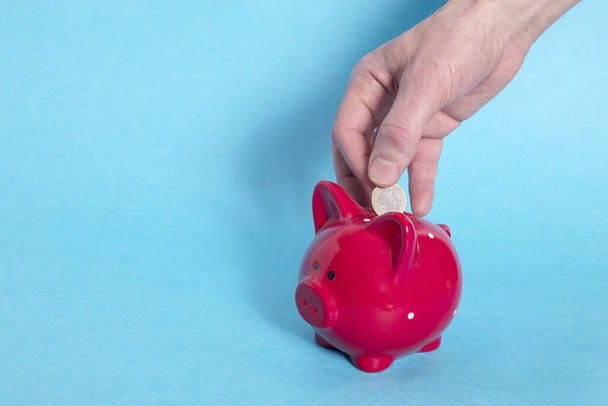 Male hand throws one euro into a red piggy bank in a white dot on a blue background. Cocept. Copy space. - Foto, imagen