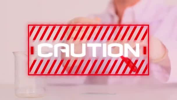 Animation of the word Caution! written in white in red frame and coronavirus Covid-19 spreading with doctor scientist wearing protective surgical gloves working in a laboratory holding test tube with in the background. - Footage, Video