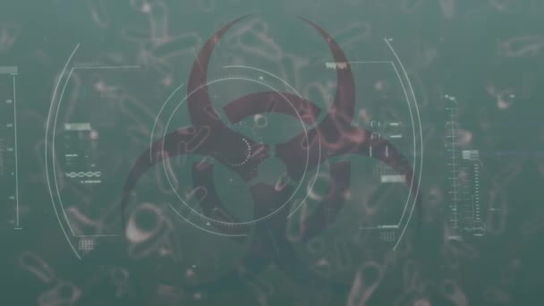 Animation of scope scanning, red health hazard sign with macro coronavirus Covid-19 cells spreading on green background.  - Video