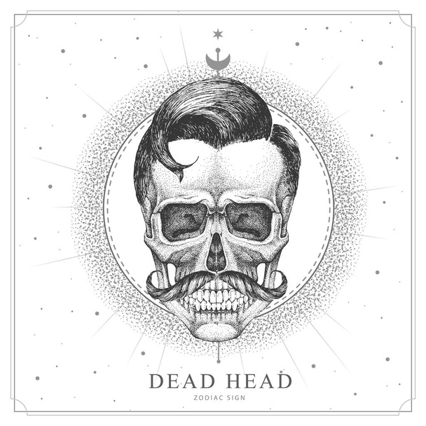 Modern magic witchcraft card with astrology human skull sign. Realistic hand drawing dead head - Vettoriali, immagini