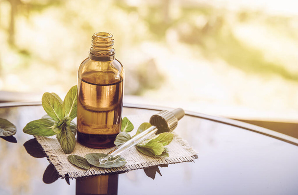 Peppermint essential oil or infusion in brown medical pipette bottle with decorative fresh mint branches on glass table, blur background. Sunny day, lens flare. - Photo, Image