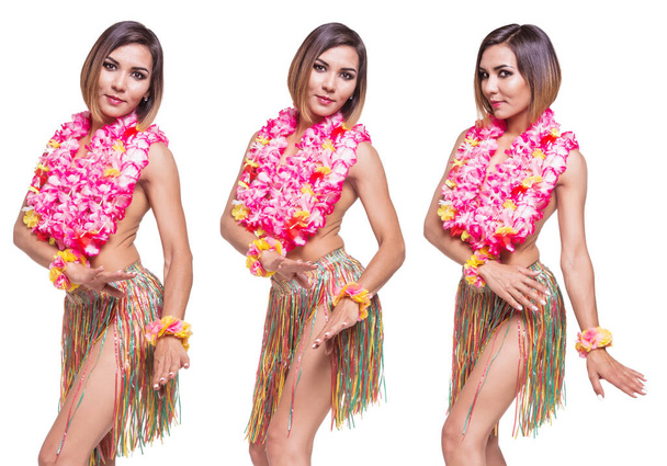 Beautiful girl in a Hawaiian outfit. Costume for parties. White batsground. - Zdjęcie, obraz