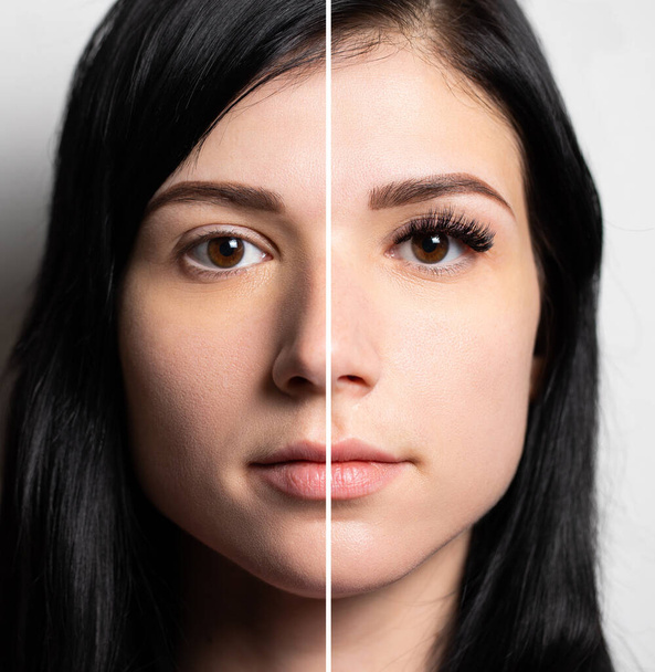 Female portrait before and after eyelash extensions - Fotoğraf, Görsel