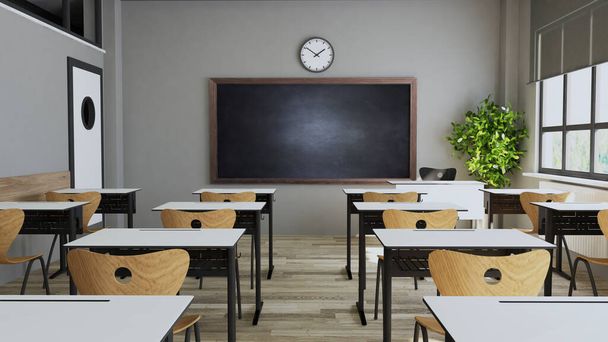 Klassenzimmer-Design mit modernen Schreibtischen, Sitzen, Tafel, Armbanduhr und Tür 3D-Rendering  - Foto, Bild