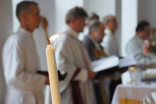 close-up of candle, prayer service in Lutheran church - Photo, Image