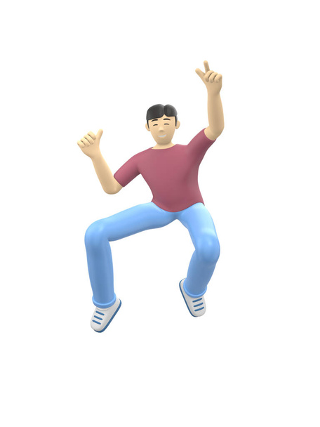 3D rendering character of an Asian guy jumping and dancing holding his hands up. Happy cartoon people, student, businessman. Positive illustration is isolated on a white background. - 写真・画像