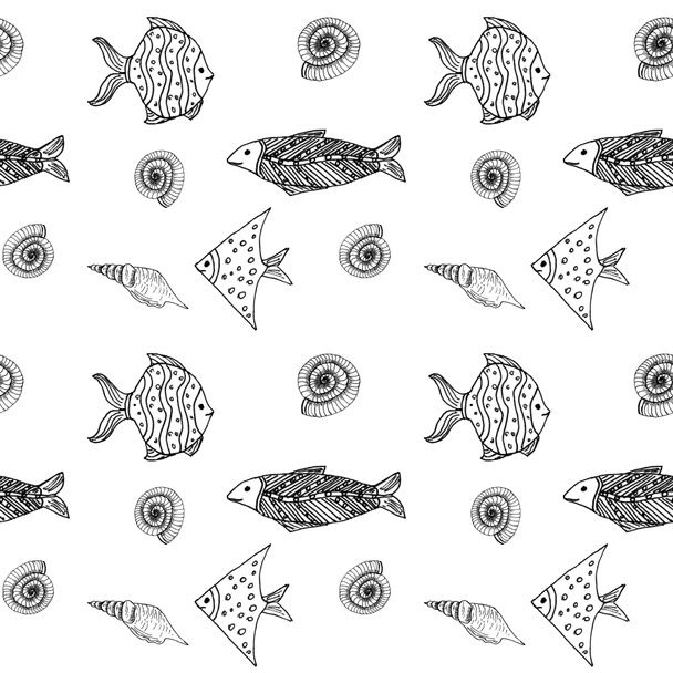 Sea illustration in graphic style with different fish and shells. Pattern on a white background. - Foto, Imagen