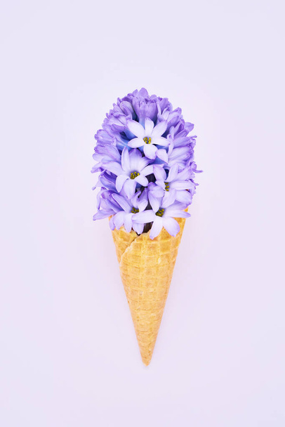 Κώνο παγωτό βάφλα με μπλε υάκινθο. Ανοιξιάτικη ιδέα Αντιγραφή χώρου για κείμενο, προβολή πάνω - Φωτογραφία, εικόνα