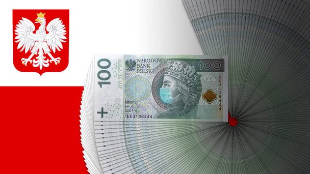 National Emblem of the Republic of Poland on Polish white-red flag and 100 zlotych with corona virus protection mask on Wladyslaw Jagielo face. Polish government reprinting banknotes to stop recession. - Photo, Image