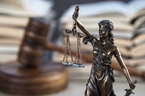 Statue of Justice with libra and books on background, court and law theme - Photo, Image