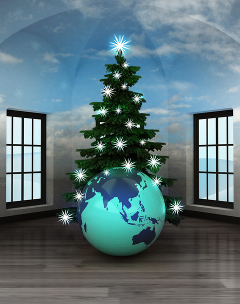 Himmlisches Zimmer mit asiatischer Weltkugel unter glitzerndem Weihnachtsbaum - Foto, Bild