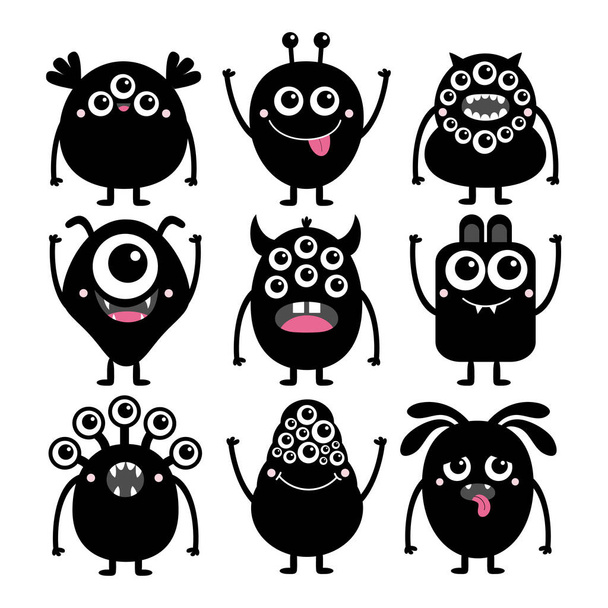 Monster set. Happy Halloween. Cute kawaii cartoon black scary funny character icon. Eyes, horns, tongue, hands, fang teeth . Funny baby collection. Isolated. White background Flat design. Vector - Wektor, obraz
