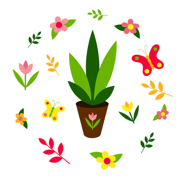 Garden seedlings. Spring set: butterflies, flowers, plants. Lettering Hello Spring. Flat design. Isolated elements on a white background. Vector illustration. Gardening. - Vektori, kuva