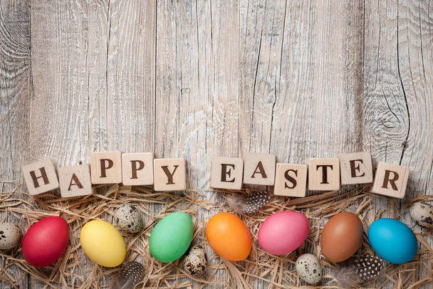 Happy Easter background with colorful eggs - 写真・画像