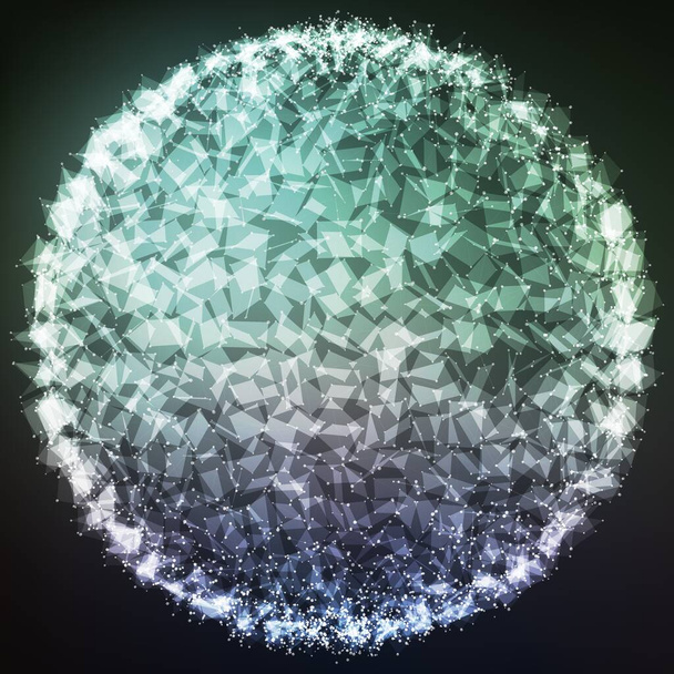 Abstract vector polygonal cyber sphere. Triangle spherical mesh background. Futuristic 3D illuminated distorted sphere of glowing particles and polygons. Digital splash. UI or HUD element. - Vector, Image