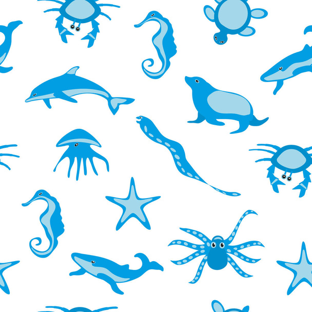 Seamless pattern with ocean creatures on white. Vector illustration of an octopus, a crab, a jellyfish, a dolphin, a starfish, a seal, a seahorse, a moray eel, a turtle, a whale. Great baby textile. - Vector, Image