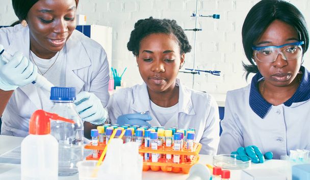 Африканські студенти-медики в науково-дослідній лабораторії або медичній тестовій лабораторії роблять різні випробування на пацієнтах семпл.Жінка-дослідник робить pcr-реакцію посилює ДНК автоматичним піпетом.. - Фото, зображення