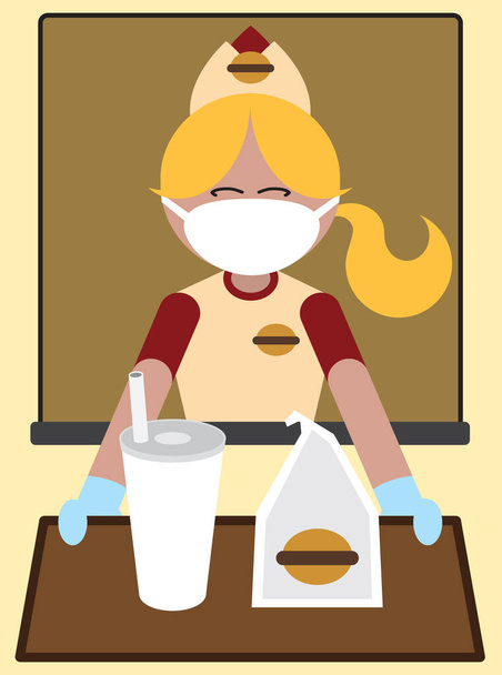 A fast food worker wearing a mask and gloves is handing a meal out the window - Vector, Image