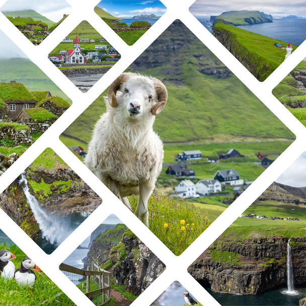 Collage di destinazioni turistiche popolari nelle Isole Faroe. Sfondo di viaggio. Isole Faroe. Danimarca. L'Europa
. - Foto, immagini