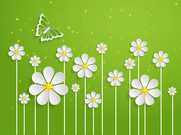 Vector spring background with volumetric flowers. Paper cut flowers on green background. With butterfly. - ベクター画像