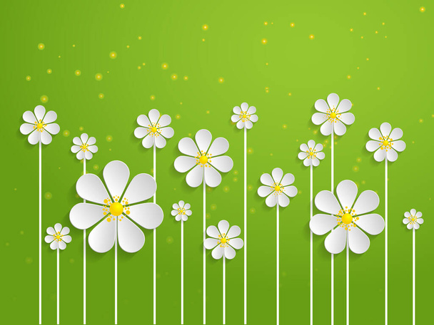 Vector spring background with volumetric flowers. Paper cut flowers on green background. - Vektor, obrázek