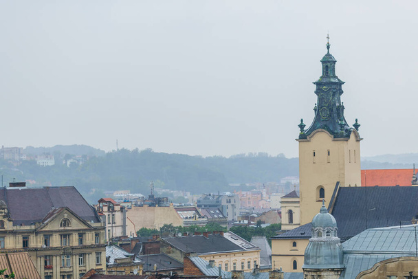 Lviv, Ukraine - 17 June 2018  - beautiful old town architecture. cathedral tower. view. - Fotoğraf, Görsel