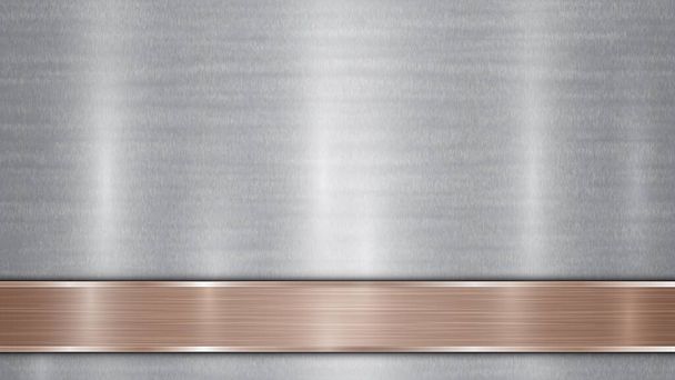 Achtergrond bestaande uit een zilverkleurig glanzend metallic oppervlak en een horizontale gepolijste bronzen plaat onderaan, met een metalen textuur, glaren en gepolijste randen - Vector, afbeelding