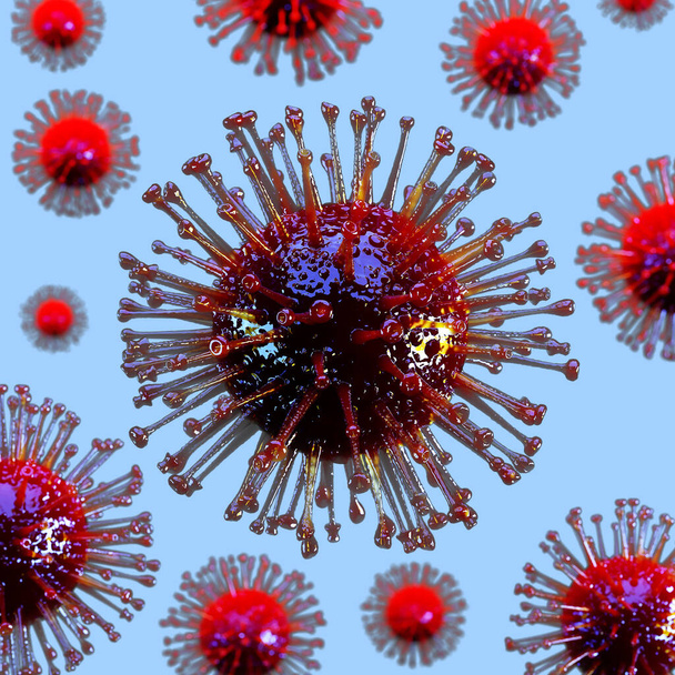 Väri covid virus 19 keskellä terävyys, kun taas toiset, joilla on vaikutus syvyys sinisellä pohjalla. 3D-renderointi
 - Valokuva, kuva