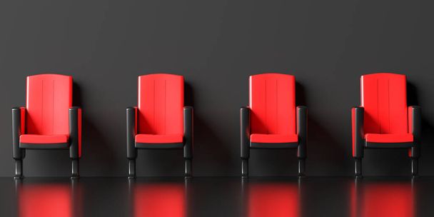 Социальное дистанцирование. Пустые красные стулья в dinstance на черном фоне. Держите дистанцию для защиты распространения коронавируса Covid19, 3d иллюстрация
 - Фото, изображение